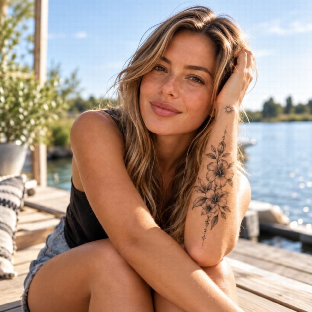 Donna in riva all’acqua con un tatuaggio temporaneo floreale sull’avambraccio
